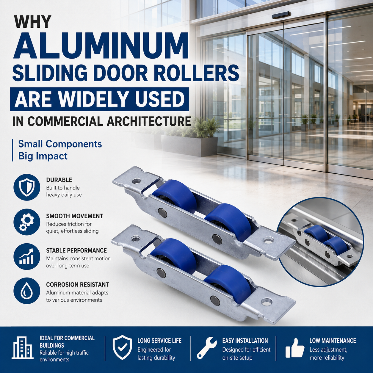  Cur Aluminium Ianua Rollers late in usu in Architecture Commercial?